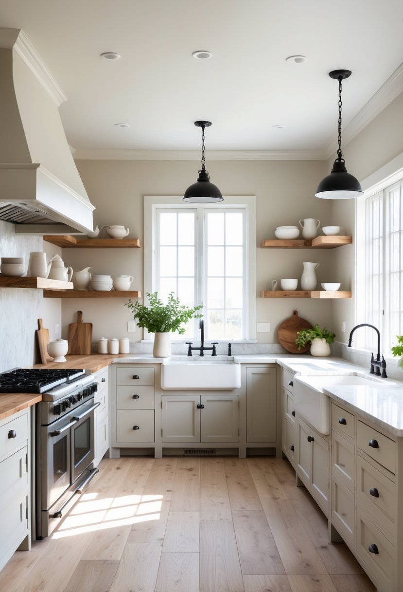 A bright kitchen with wooden floors, a large island, open shelves with dishes, and windows letting in natural light.