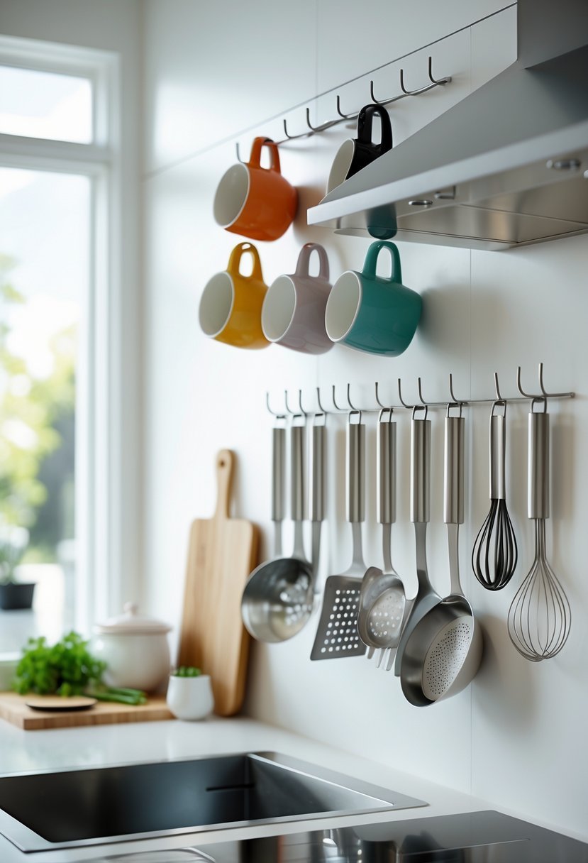A kitchen wall with hooks holding mugs and cooking utensils above a countertop with kitchen tools and plants.