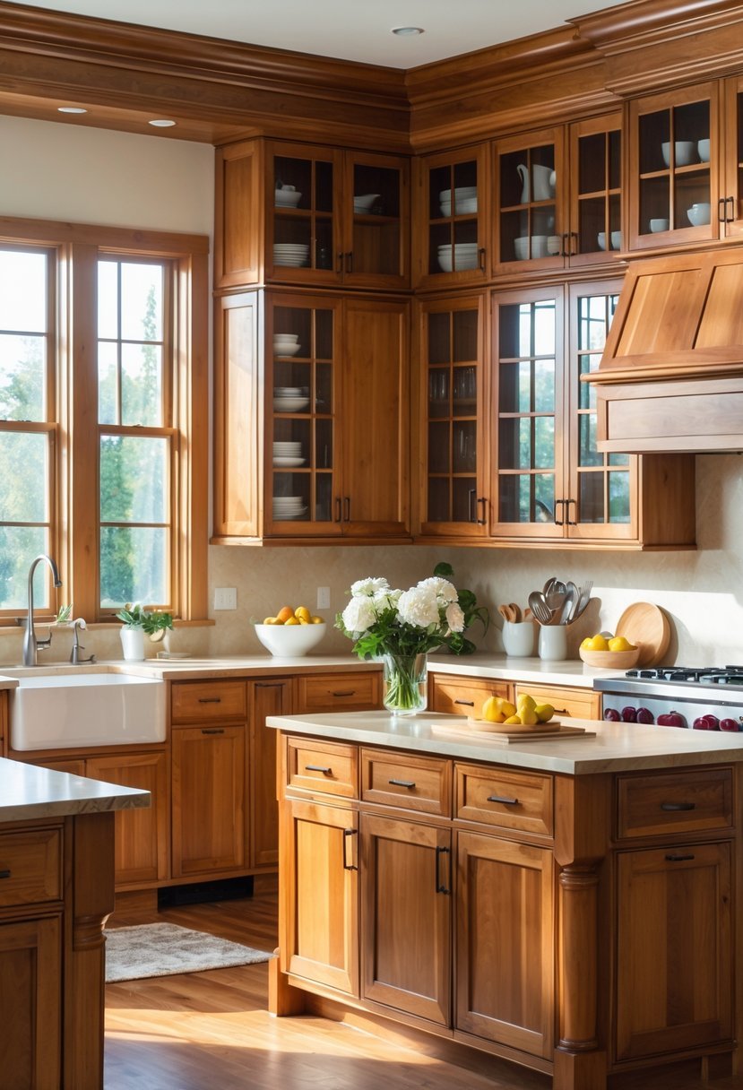A bright kitchen with warm wooden cabinets, a central island, and natural light coming through large windows.