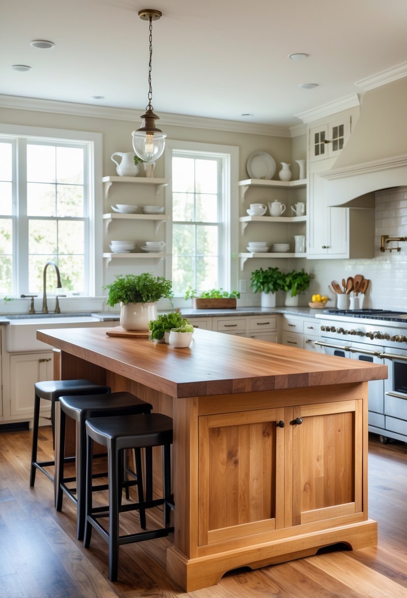 A spacious kitchen with a large wooden butcher block island countertop surrounded by bar stools, with cabinets, shelves, and kitchen accessories in the background.