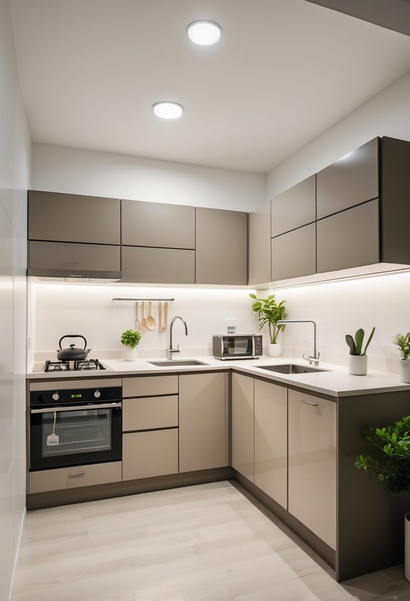 Compact L-shaped kitchen with modern cabinets, countertop, stove, sink, and small plants.