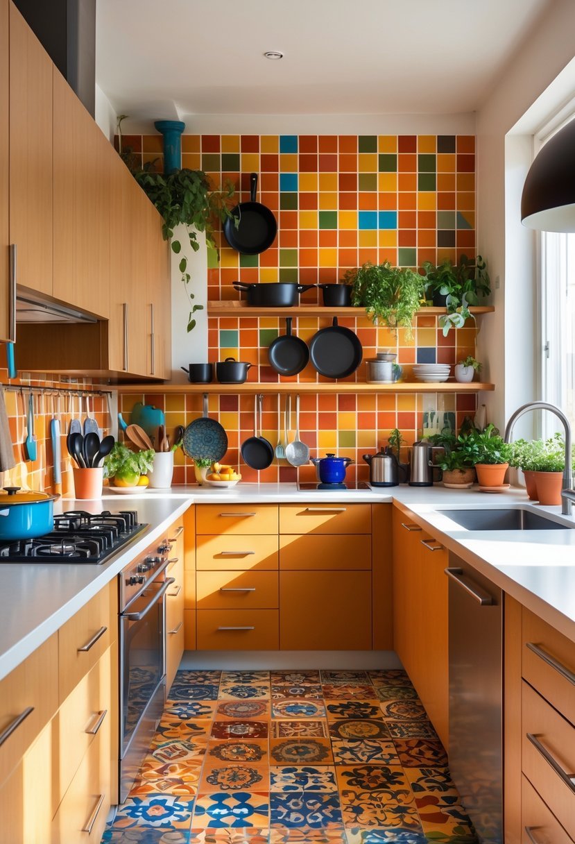 A bright kitchen with colorful terracotta tiled walls, wooden cabinets, and kitchen appliances.