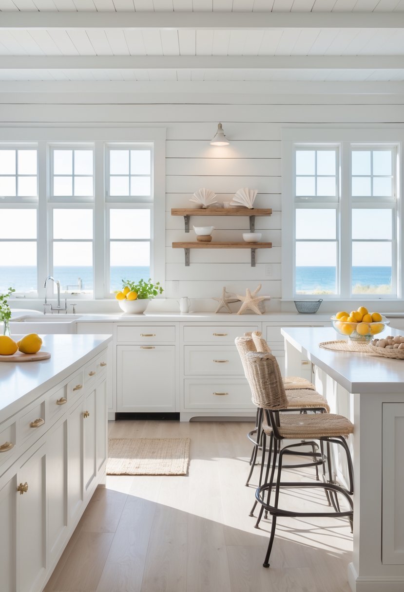 A bright kitchen with white wooden wall panels, light wood cabinets, a kitchen island, and natural light coming through large windows.