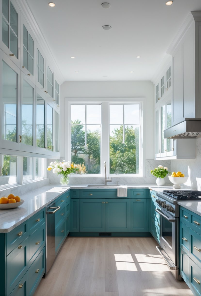 A bright U-shaped kitchen with blue-green lower cabinets and white upper cabinets, featuring a central island, stainless steel appliances, and natural light from large windows.