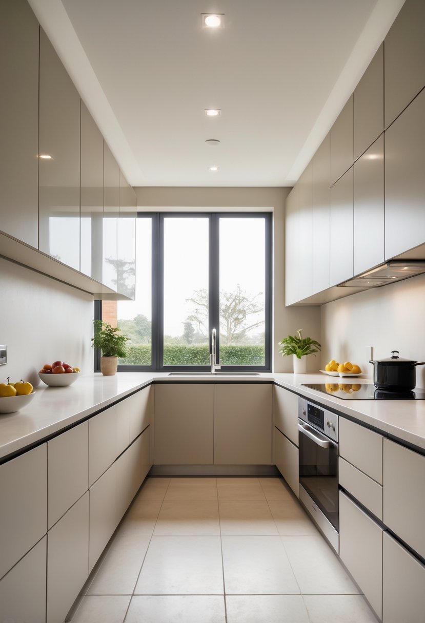 A modern kitchen with a U-shaped layout featuring smooth solid surface benchtops, cabinets, appliances, and natural lighting.