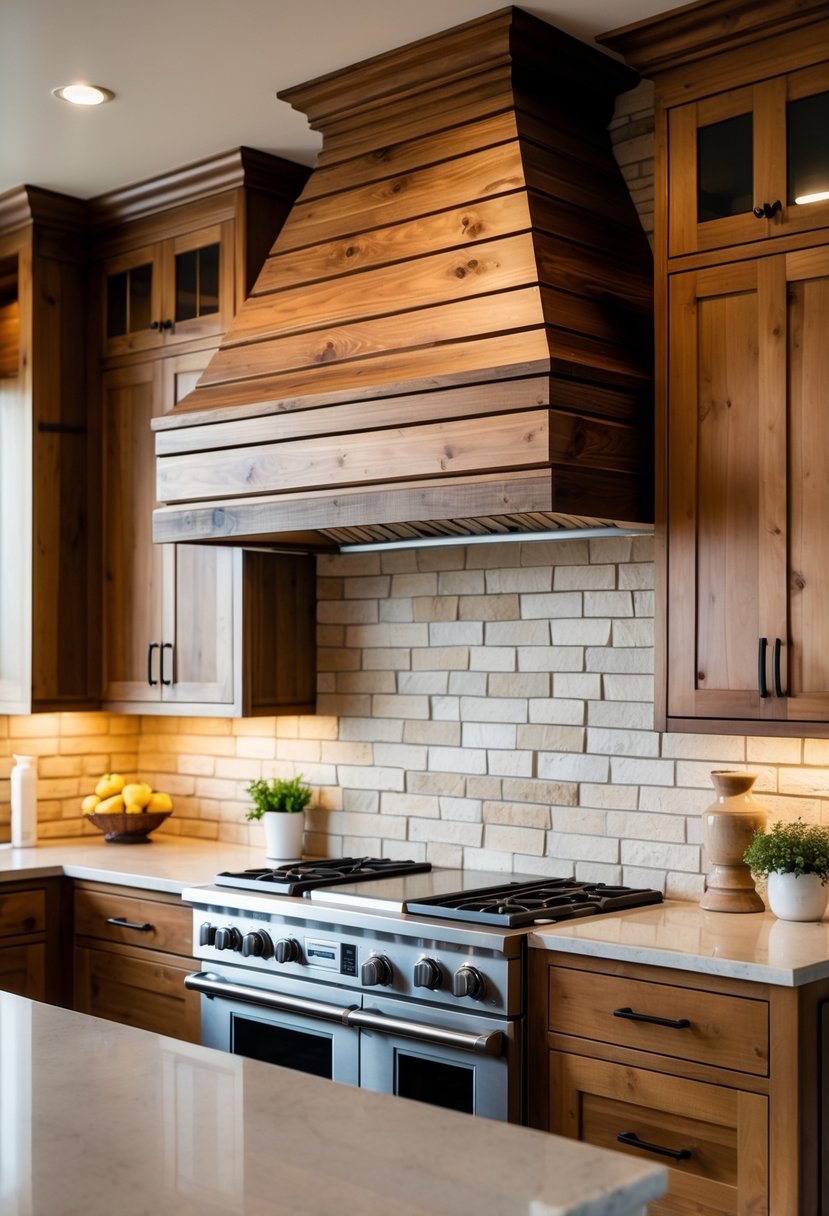 A kitchen with a wooden range hood above a stovetop surrounded by wooden cabinets and a stone backsplash.