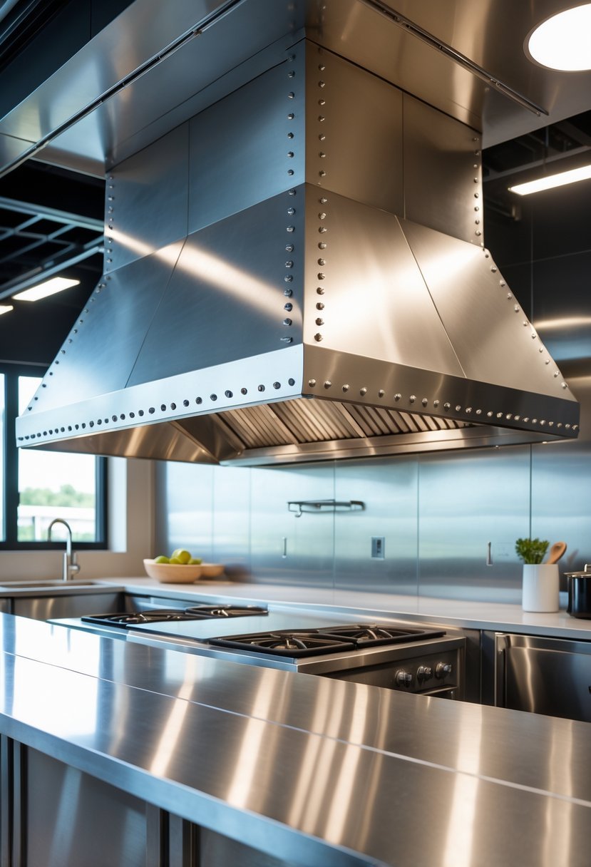 A large stainless steel kitchen hood with exposed rivets above a modern cooking area in an industrial kitchen.
