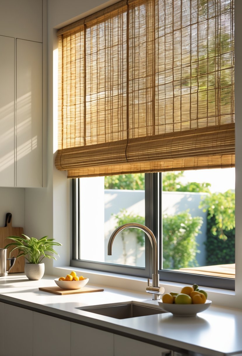 A kitchen window with bamboo blinds partially closed, letting in natural light over a countertop with plants and kitchen items.