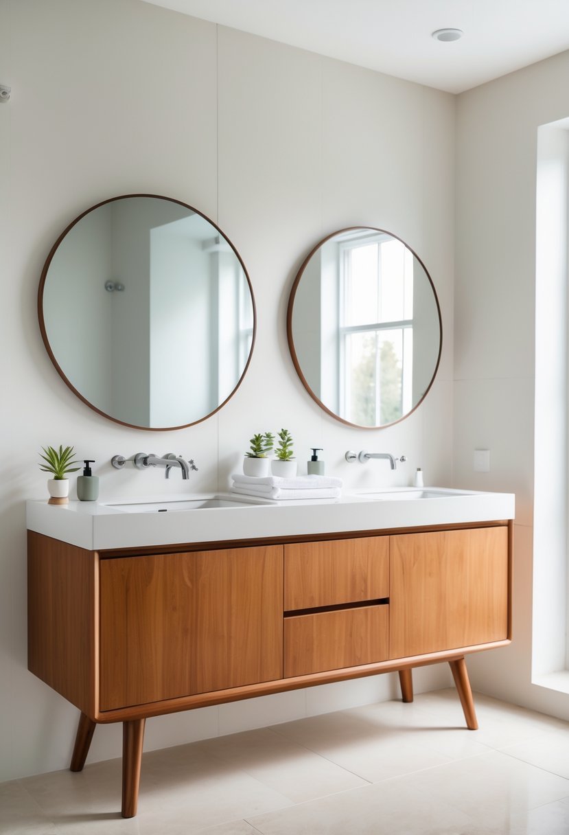 A bathroom with a double sink vanity featuring wooden cabinets and two mirrors above the sinks.
