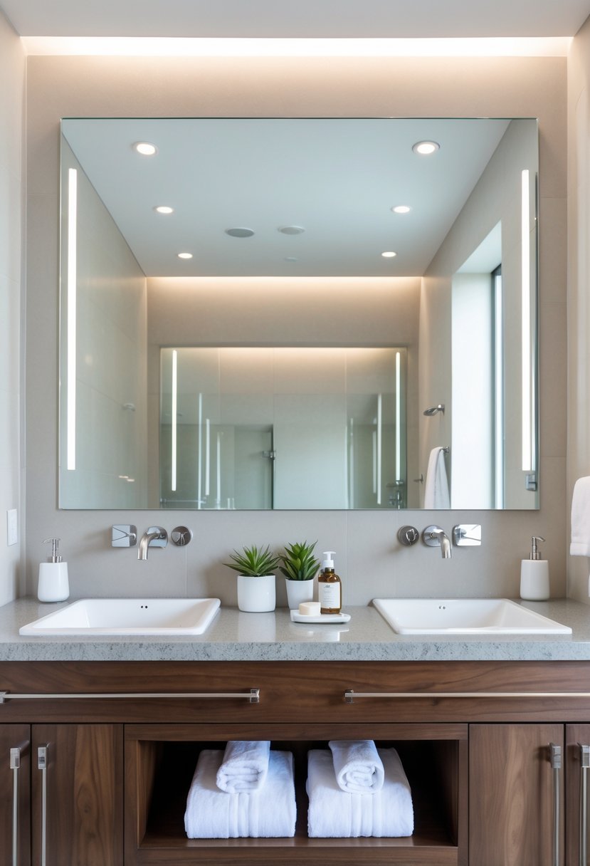 A bathroom with a double sink vanity featuring quartz countertops and undermount sinks.
