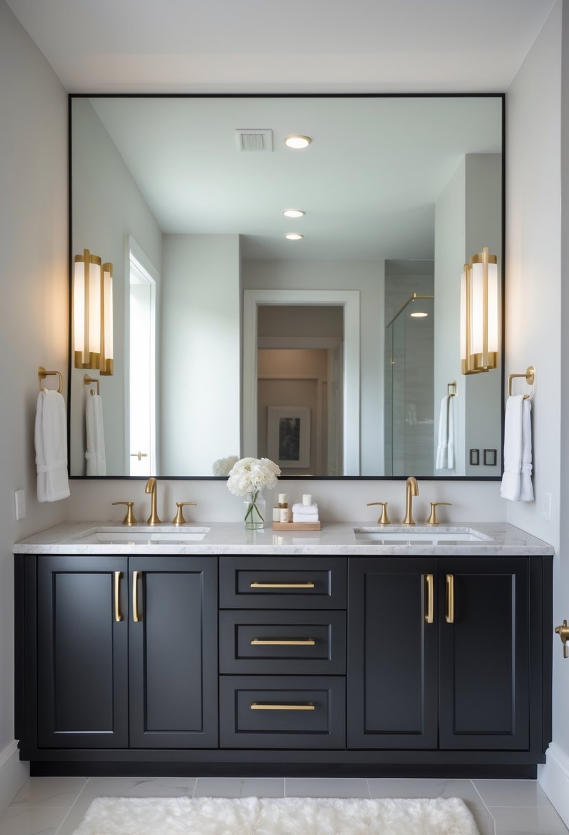 A bathroom with a double sink vanity featuring black cabinets and brass handles.