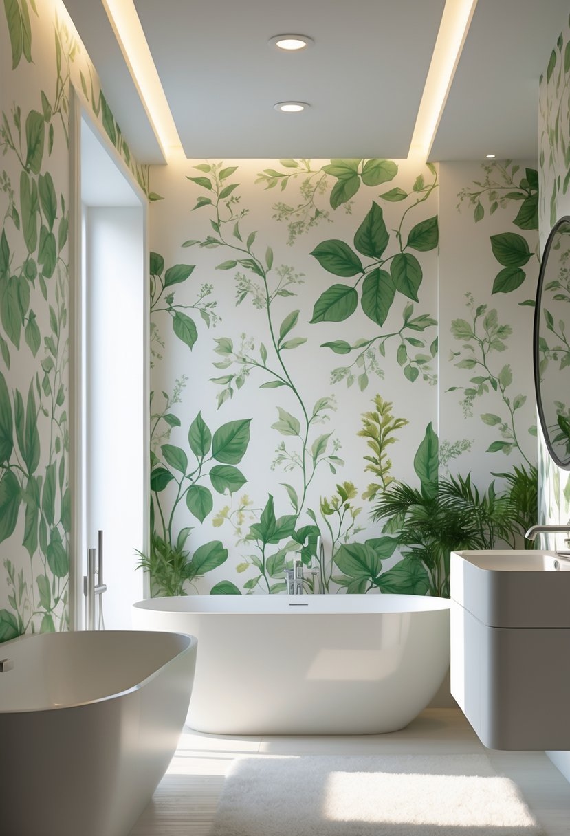 A bathroom with a white bathtub and a wall covered in green leafy botanical wallpaper patterns.