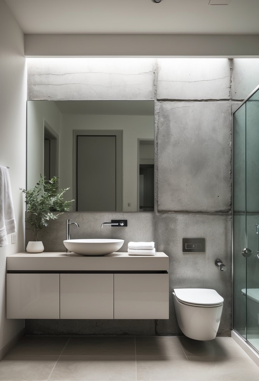 A modern bathroom with a concrete accent wall, a floating vanity with a vessel sink, a large mirror, and a glass shower enclosure.