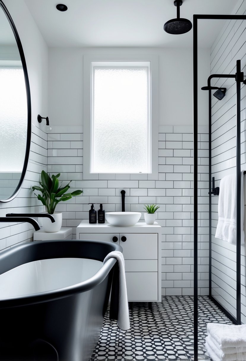 A modern bathroom with black and white tiles, a freestanding bathtub, a round mirror, a white vanity with a vessel sink, and a glass shower enclosure.