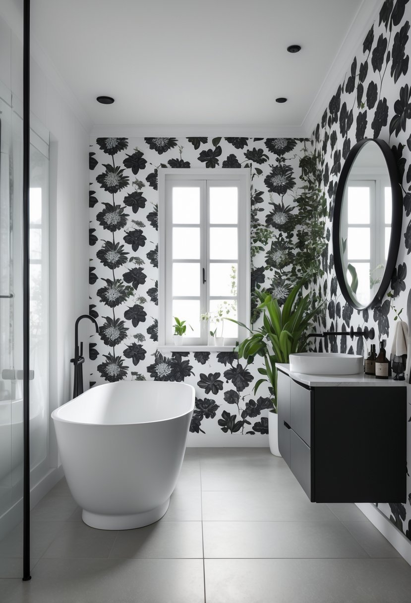 A modern bathroom with a freestanding bathtub, floral patterned black and white wallpaper, a round mirror, and plants.
