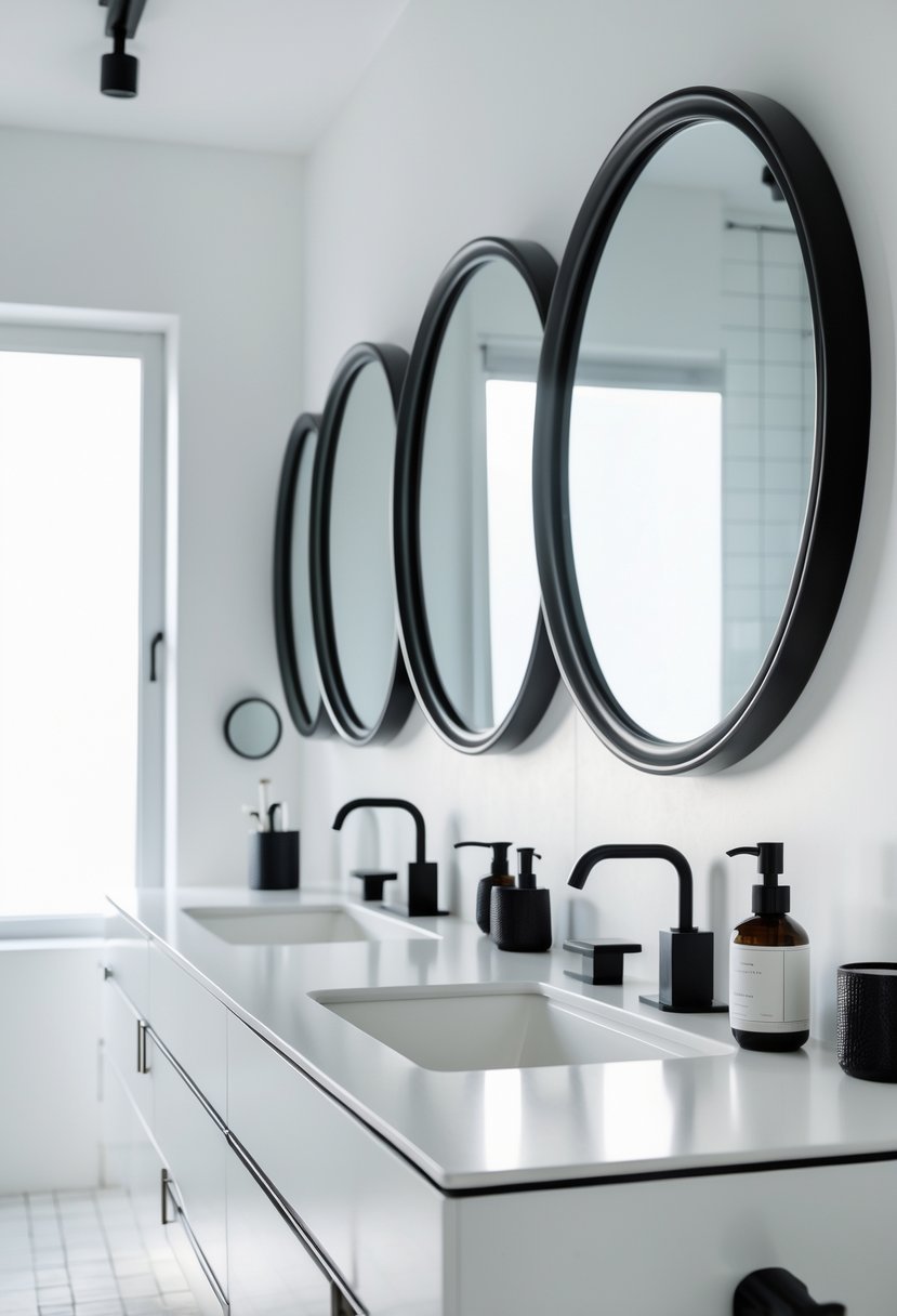 A bathroom with black framed round mirrors above a white countertop and black fixtures.