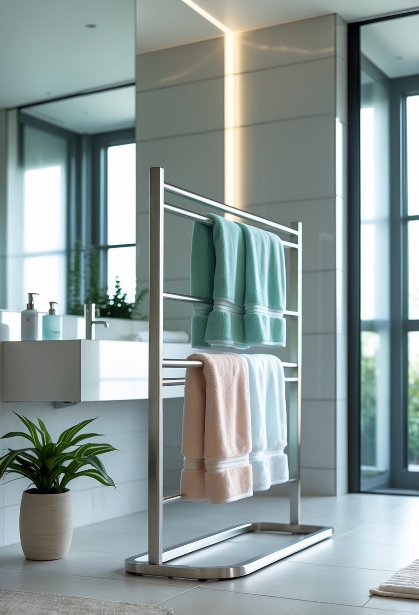 A freestanding metal towel rack holding towels in a bright, clean bathroom with neutral colors and a large mirror.