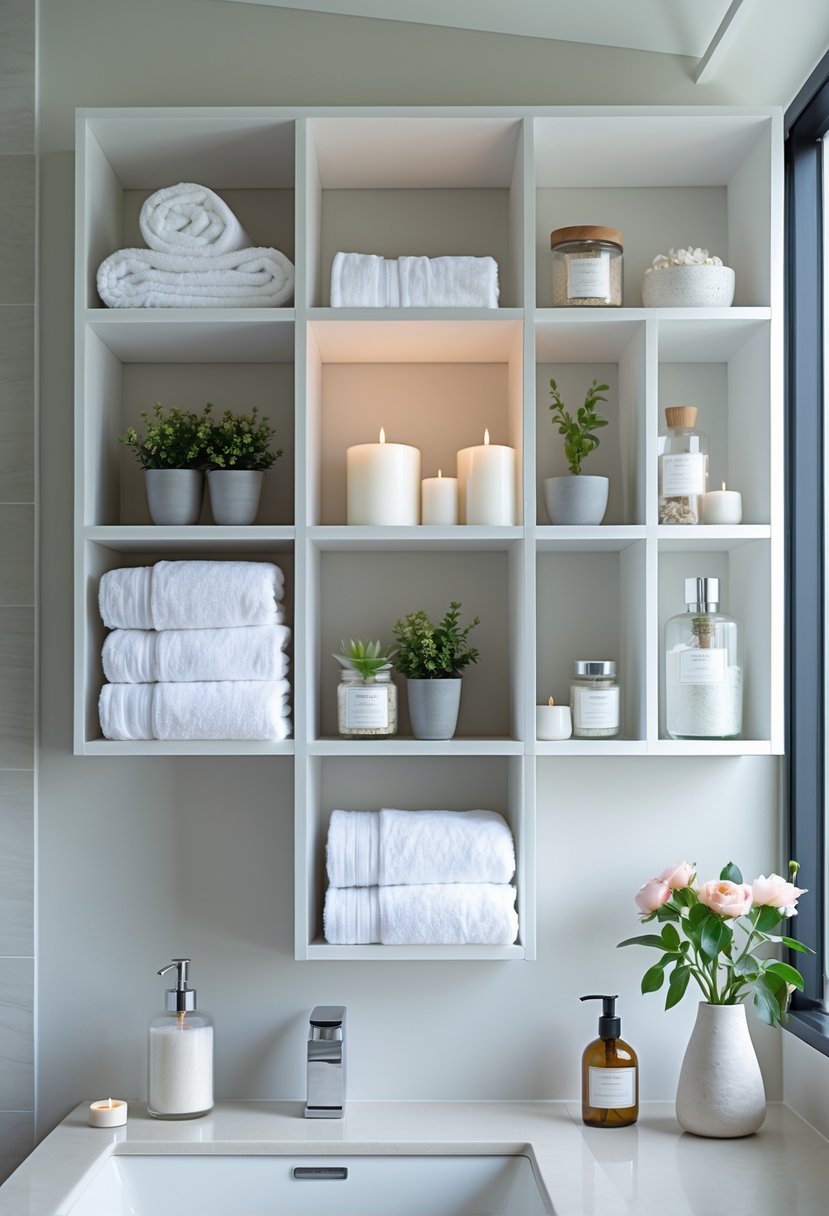 A bathroom with an open cube shelving unit holding towels, plants, candles, and decorative items above a countertop with a soap dispenser and flowers.