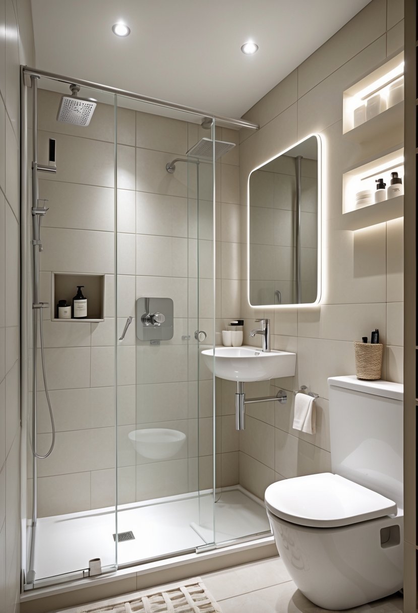 Compact bathroom with corner shower, wall-mounted sink, and toilet in a small, efficiently arranged space.