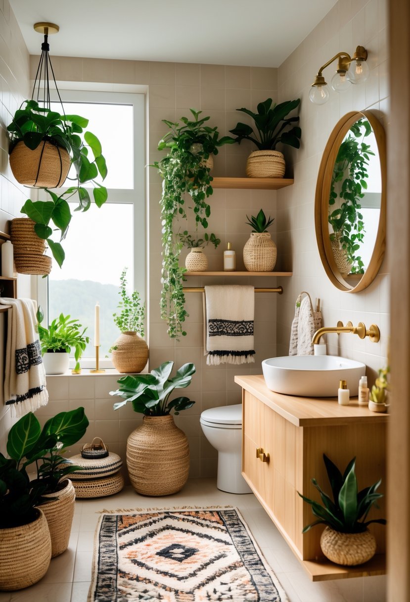 A bright bathroom with plants, wooden countertop, round mirror, and decorative accessories arranged neatly.