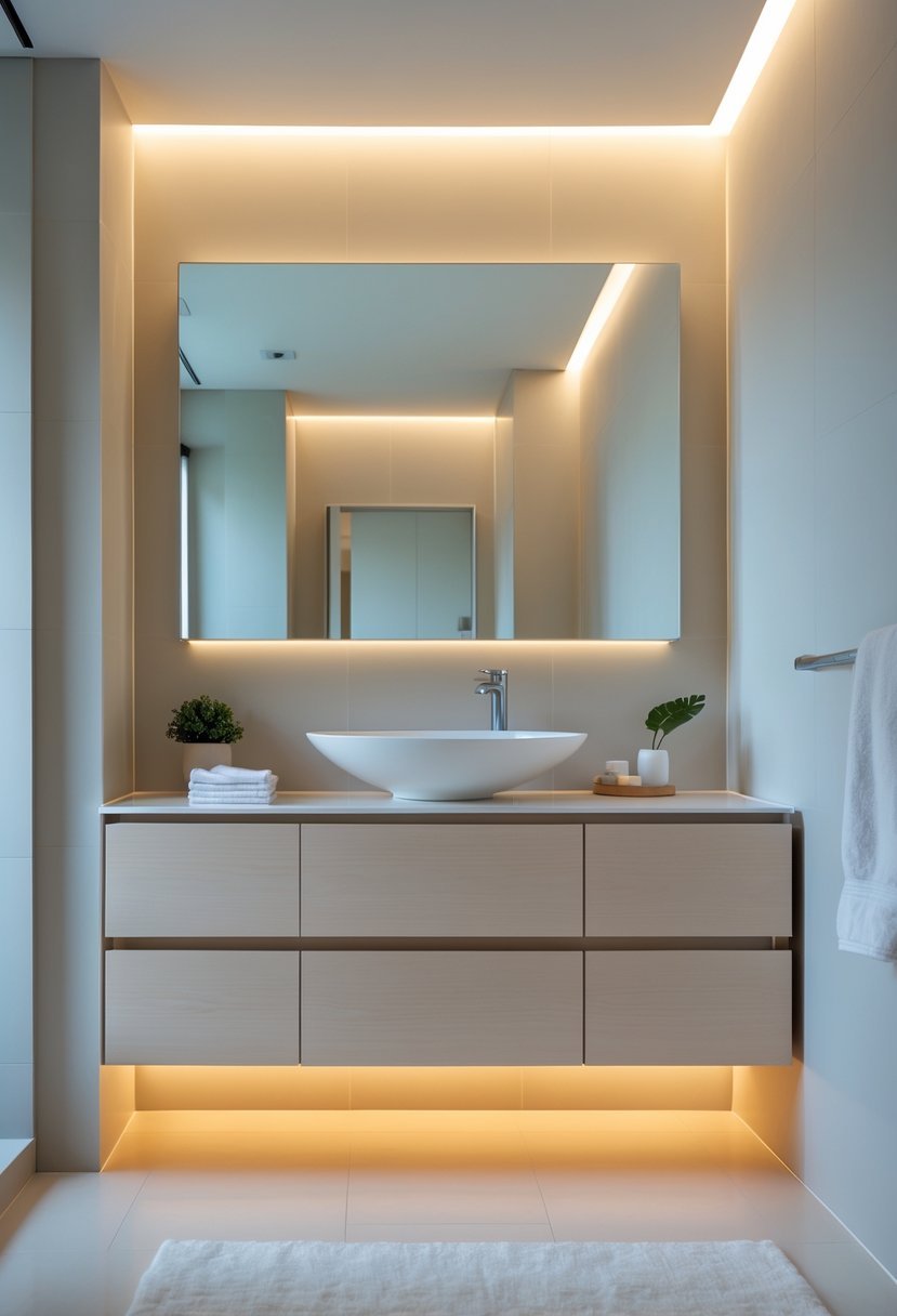 A guest bathroom with a floating vanity illuminated by under-cabinet lighting, featuring a vessel sink and a large mirror.