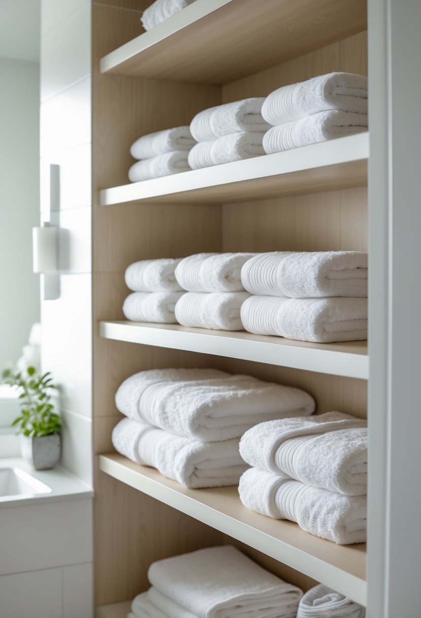 Open shelves in a guest bathroom with neatly folded white towels arranged on them.