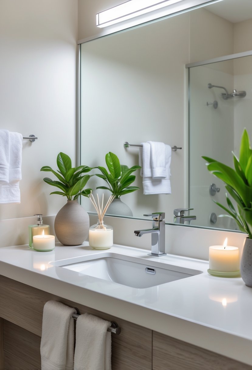 A guest bathroom with a sink, mirror, scented candles, diffusers, and a small plant creating a calm atmosphere.