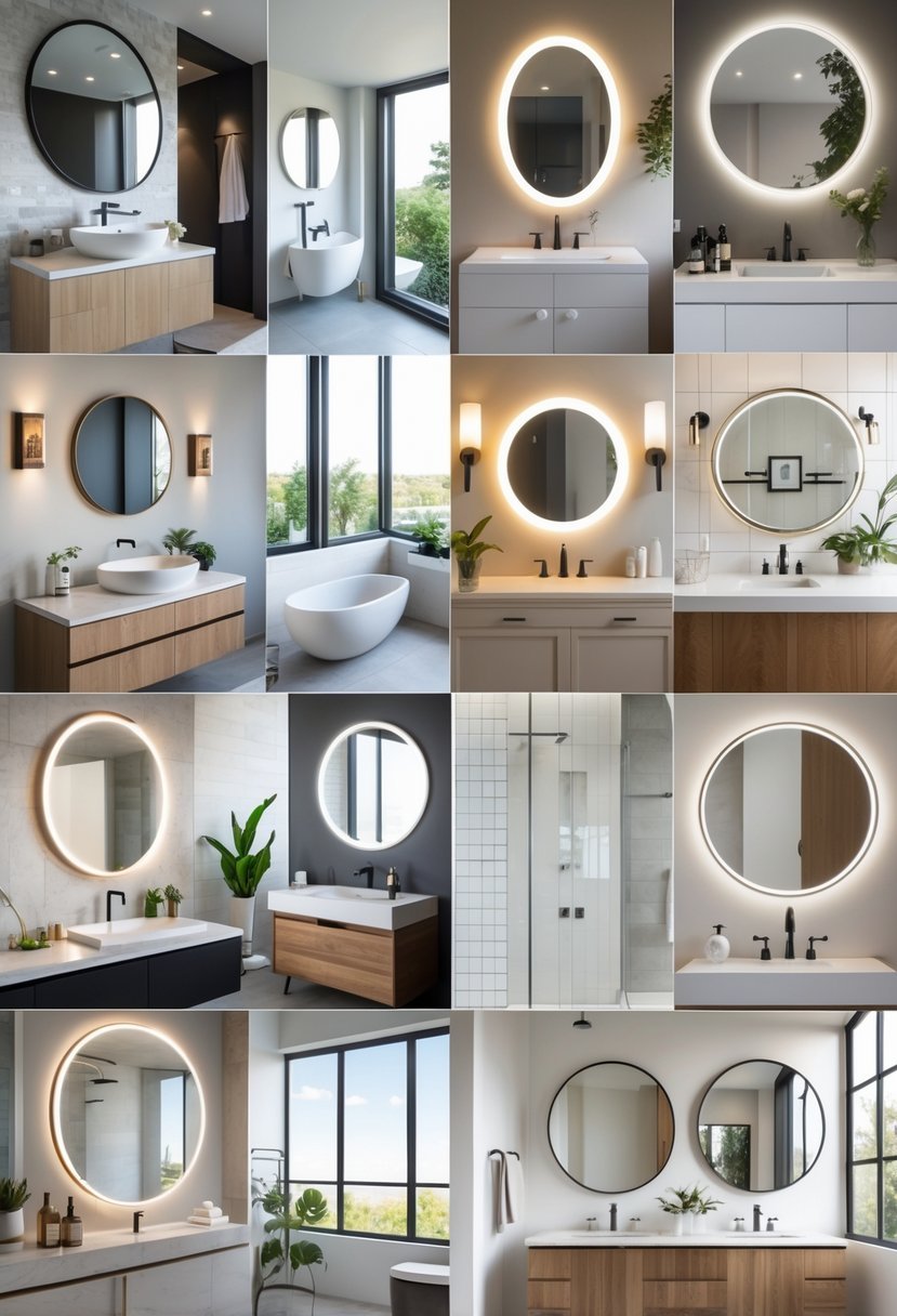 A bathroom interior showing a variety of different mirror designs above sinks and vanities with modern decor.