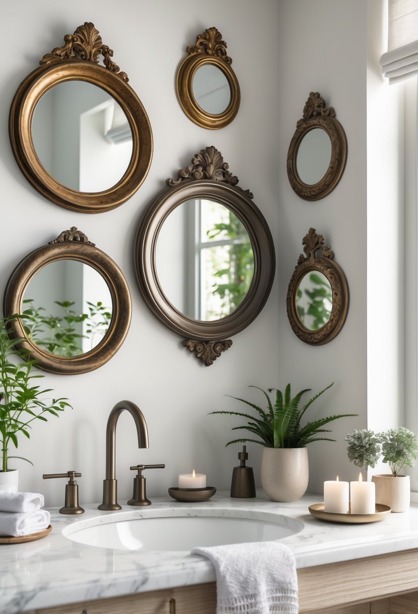 A bathroom wall with several round framed mirrors above a marble countertop with faucets and decorative items.
