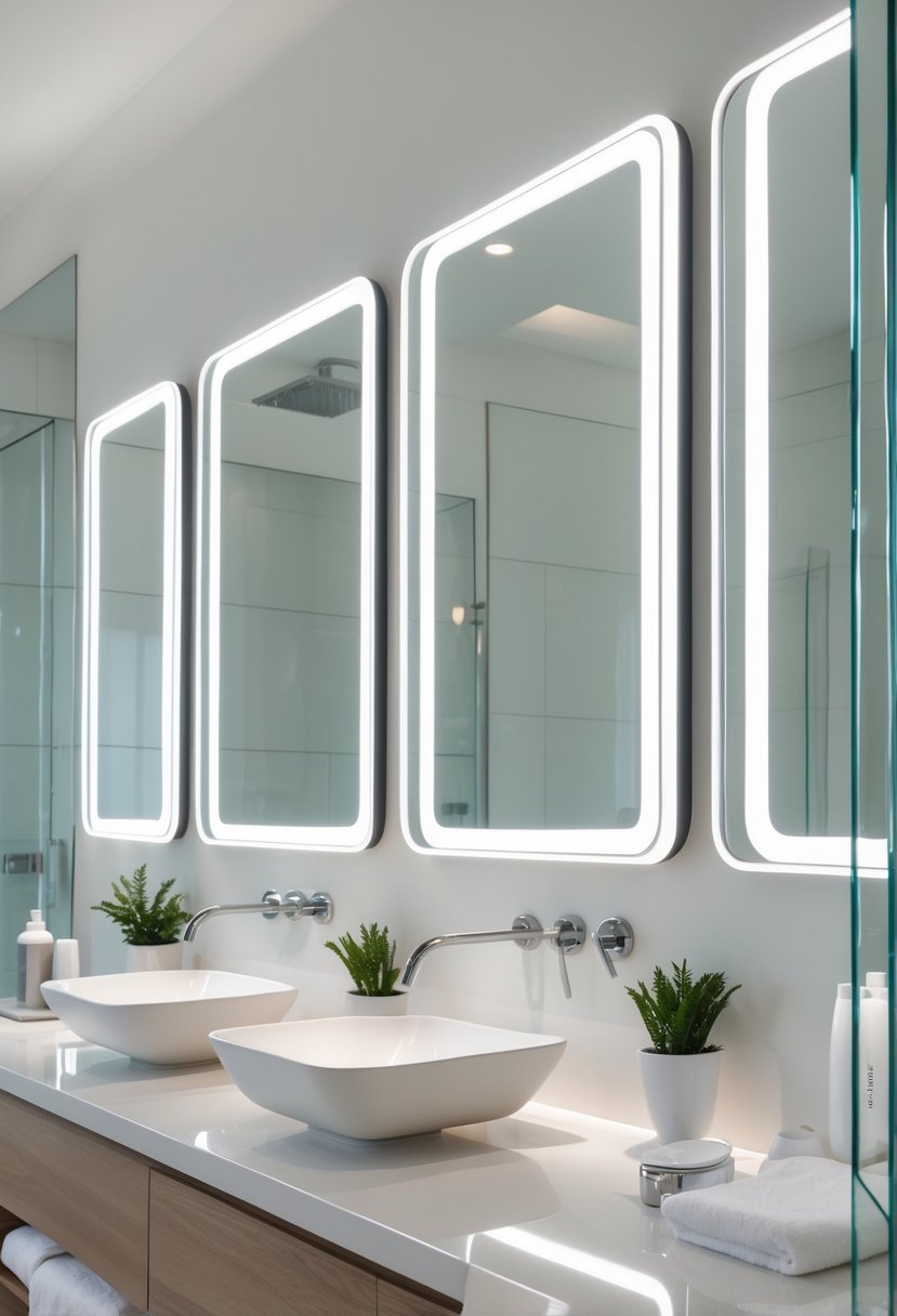 A bright bathroom with several frameless rectangular mirrors mounted on the walls above a countertop with a sink and minimal decor.