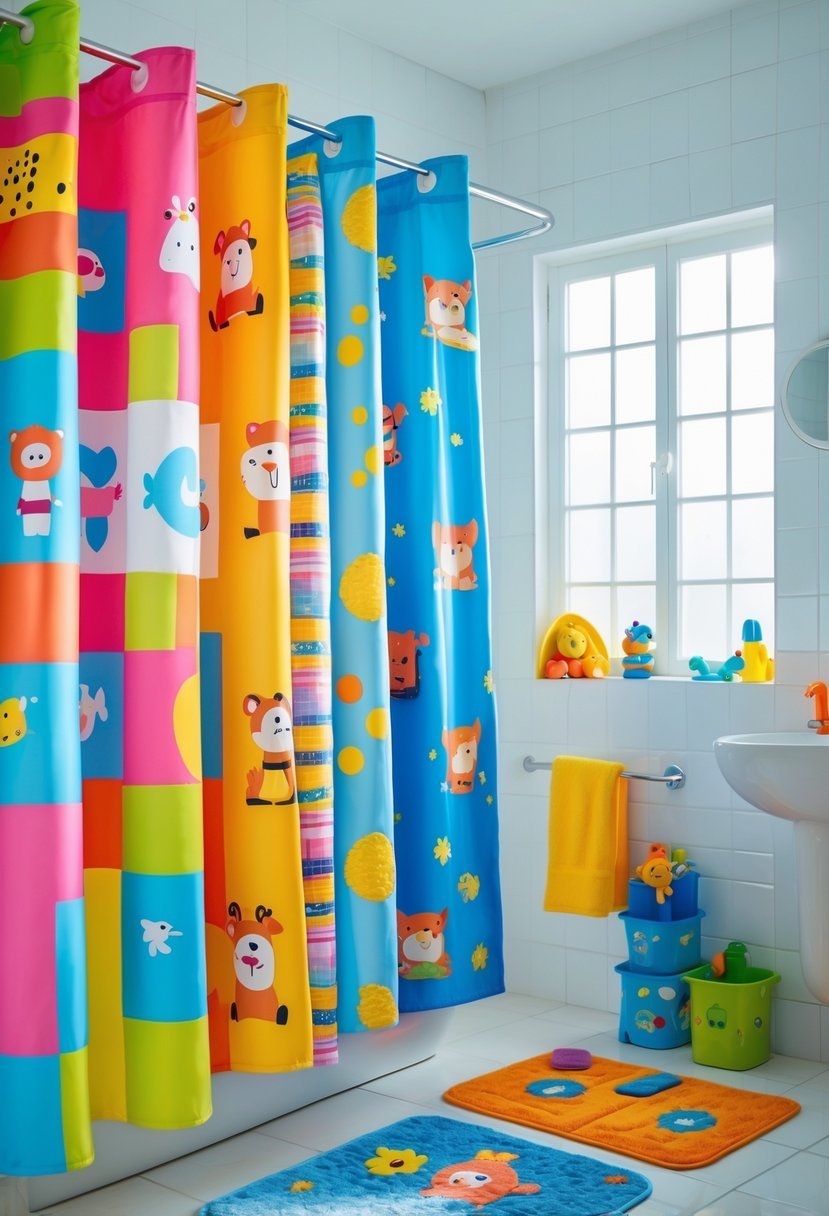 A kids bathroom with multiple colorful patterned shower curtains and child-friendly fixtures.