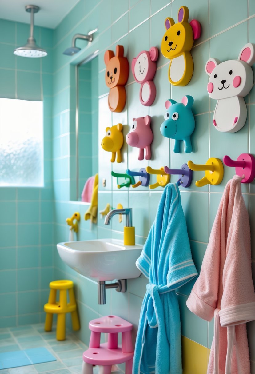 Kids' bathroom with animal and character-shaped hooks holding towels and bathrobes on the wall.
