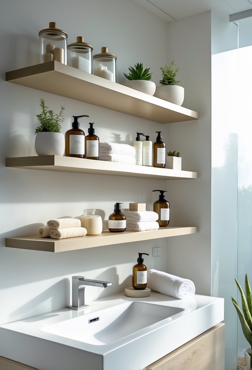 A bathroom with floating shelves holding toiletries like bottles, jars, towels, and plants above a sink.