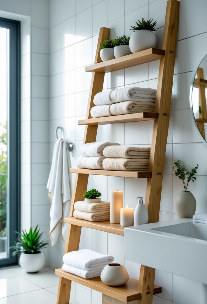 A bathroom with wooden ladder shelves holding folded towels and decorative items against a white tiled wall.