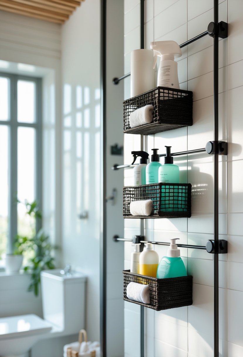 A bathroom with tension rods holding spray bottles and baskets for storage between two walls.