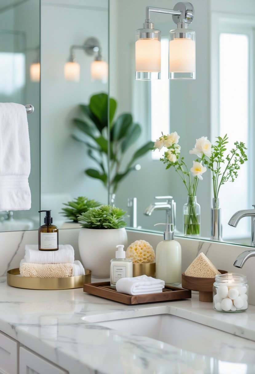 A bathroom countertop decorated with various items including plants, candles, towels, soap dispensers, and decorative containers arranged neatly.