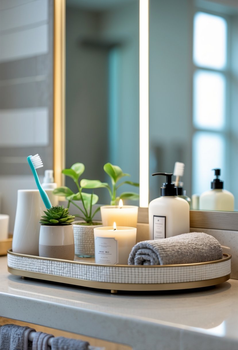 Bathroom counter with a decorative tray holding daily essentials like a toothbrush holder, soap dispenser, candle, plant, and towel.