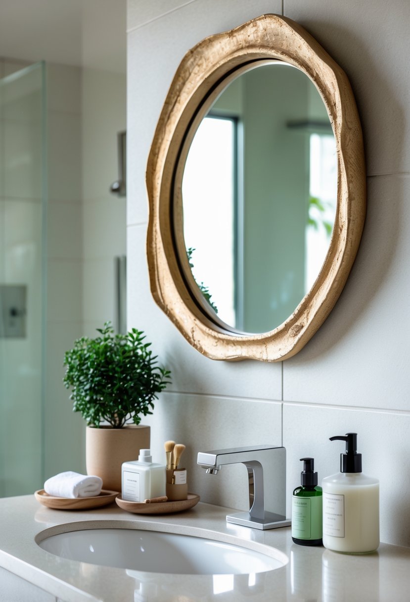 Bathroom counter with a small decorative mirror and various bathroom décor items arranged on the countertop.