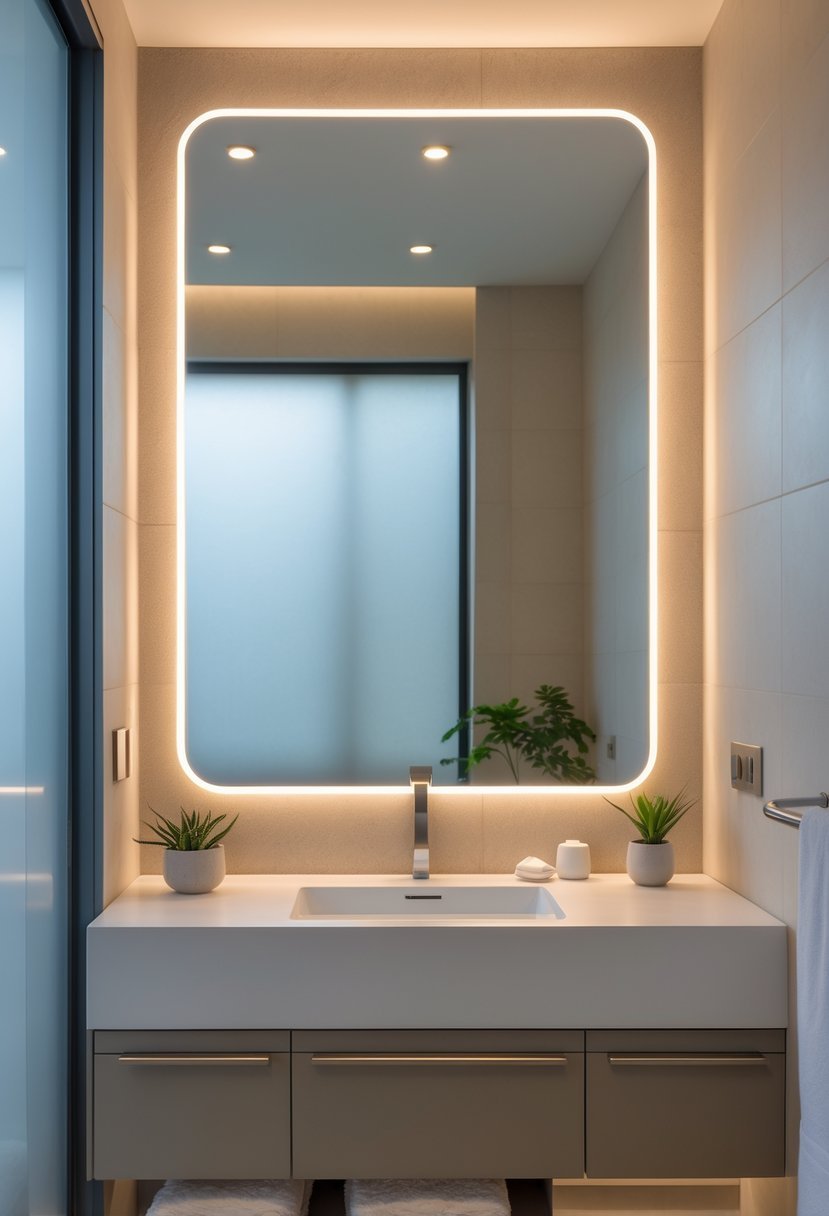 A modern bathroom with a large backlit mirror above a white vanity and sink, featuring neutral tiles and natural light.