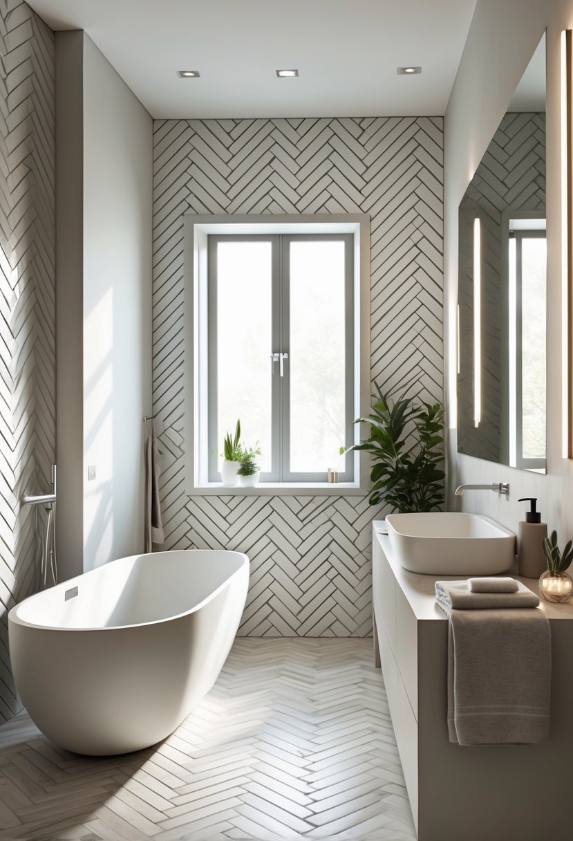 A modern bathroom with a freestanding bathtub, vanity, and walls and floor covered in herringbone tile patterns.