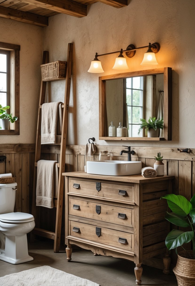A bathroom with repurposed wooden furniture used for storage, including a dresser vanity, open shelves, and a ladder towel rack.