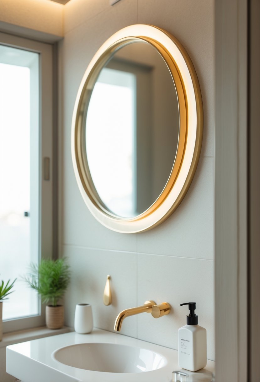 A half bathroom with a round gold-framed mirror above a white sink and decorative plants on the countertop.