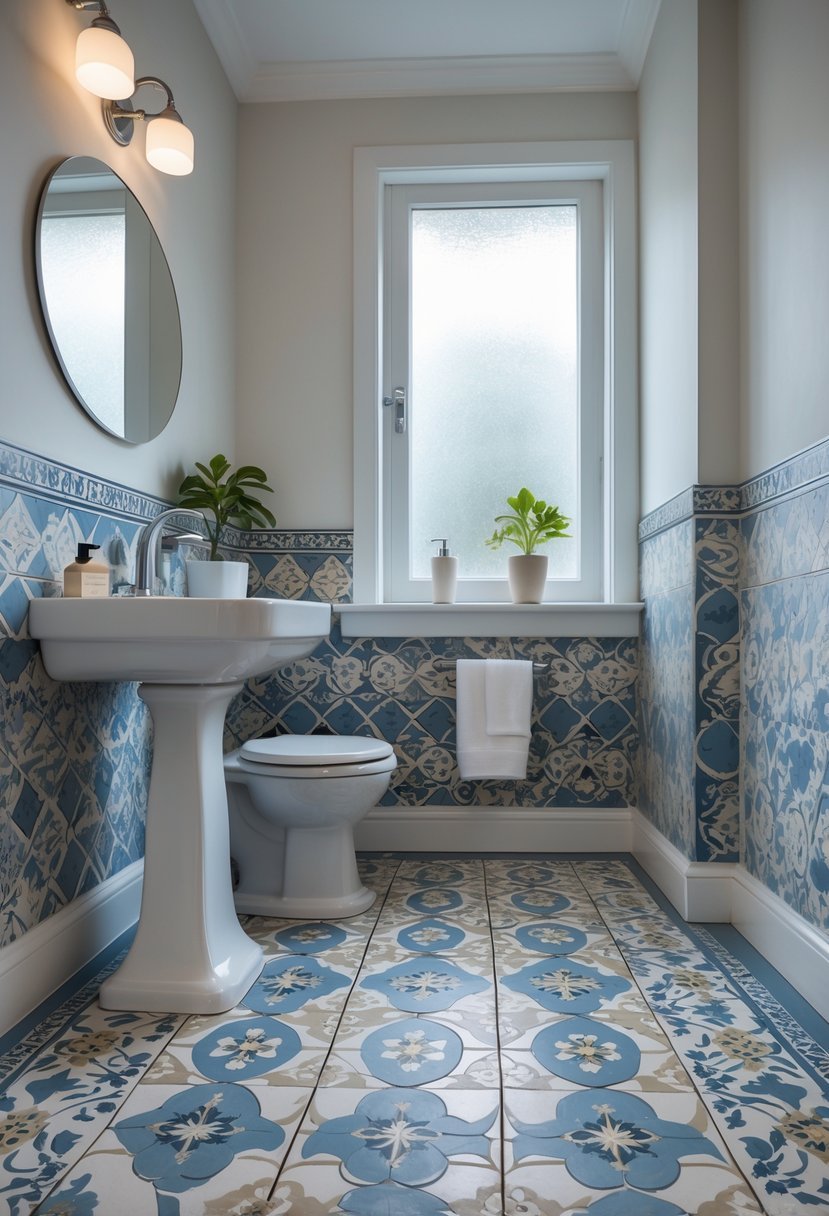 A half bathroom with patterned cement floor tiles, a pedestal sink, a round mirror, and a small potted plant.