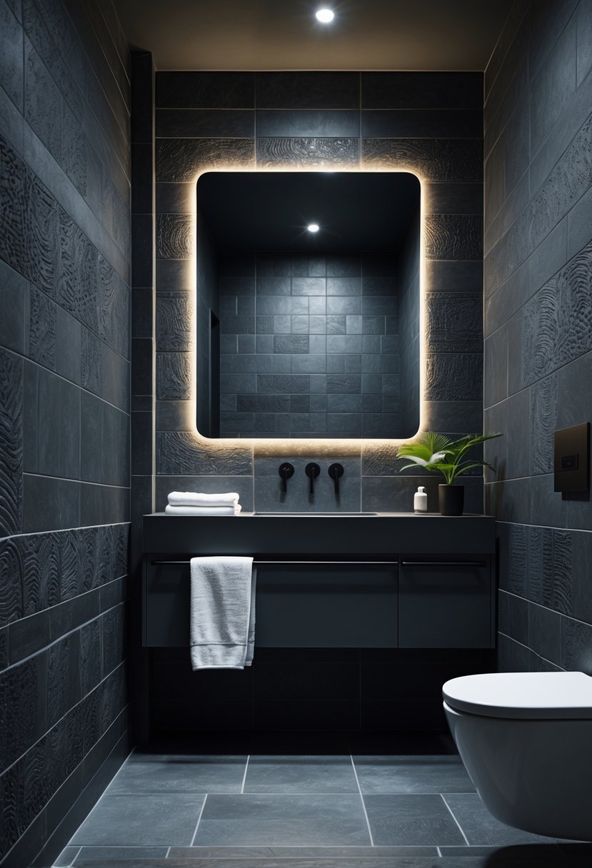 A modern bathroom with dark gray textured tiles on the walls and floor, a vanity with a black faucet, a large mirror, and a small plant.