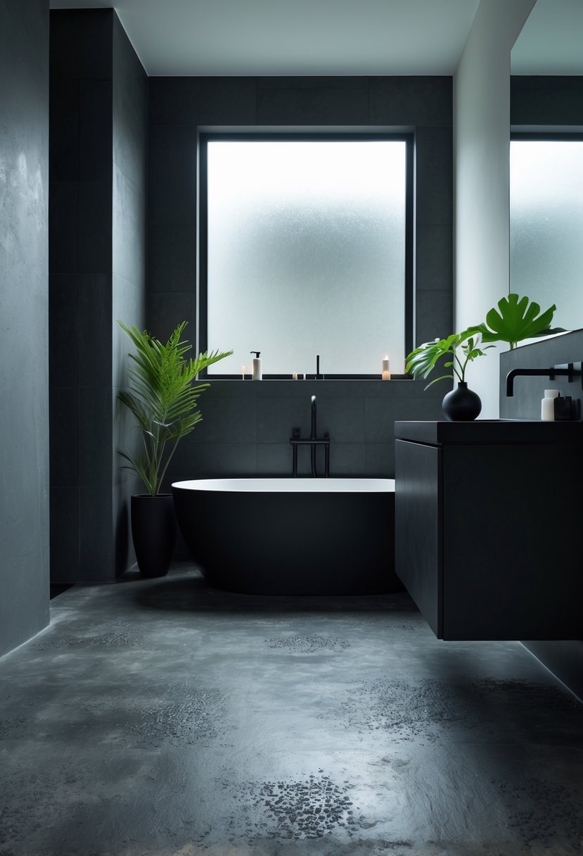 Bathroom interior with dark textured concrete floor, black bathtub, and minimalist vanity under soft natural light.
