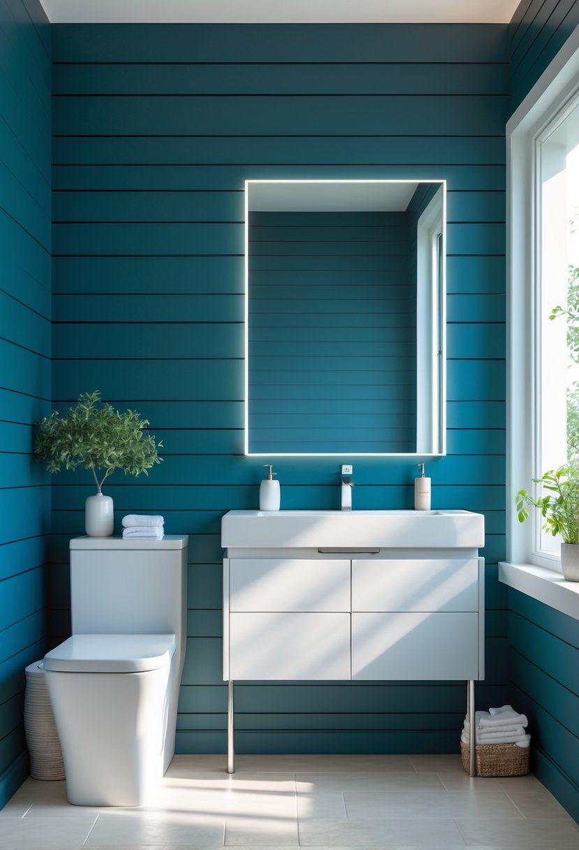 A bathroom with a bold colored wooden wall, a white vanity, a large mirror, and natural light coming through a window.