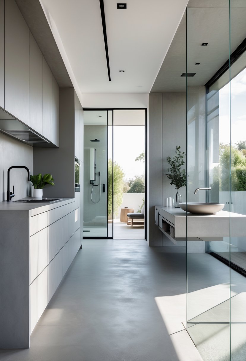 An open-plan kitchen and bathroom area featuring smooth grey surfaces, a walk-in shower, floating vanity, and modern kitchen cabinetry with natural light.