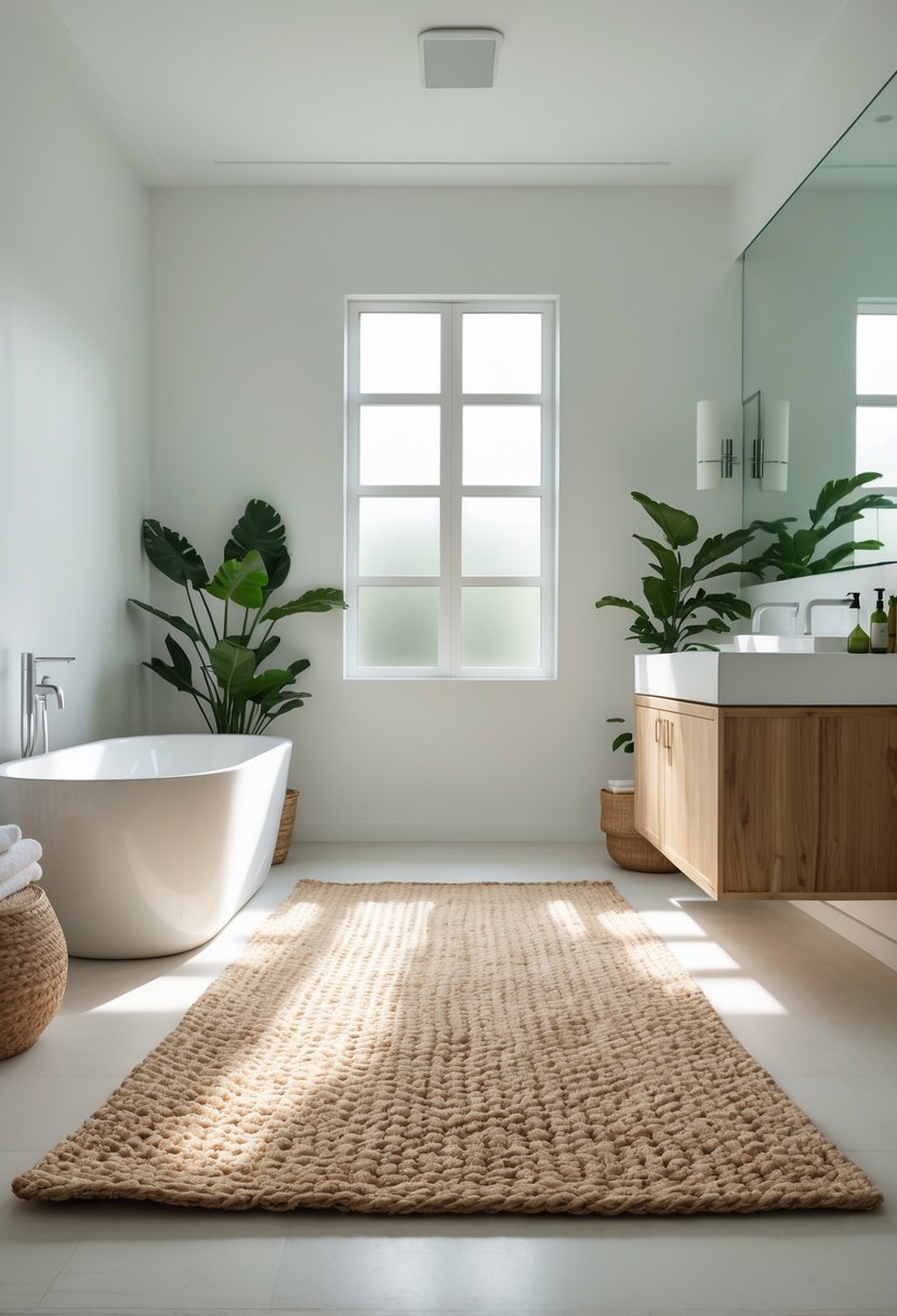 A large natural jute rug placed on the floor of a bright bathroom with a bathtub, vanity, and plants.