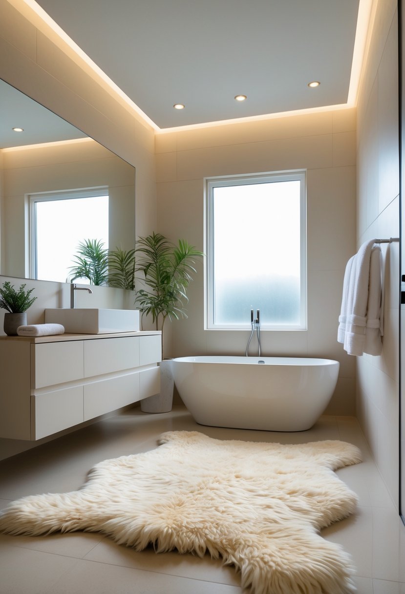 A modern bathroom with a large fluffy cream-colored rug on the floor in front of a freestanding bathtub.