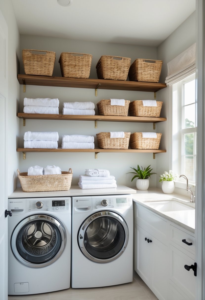 Laundry room with open shelving and baskets for organized storage above a washer and dryer.